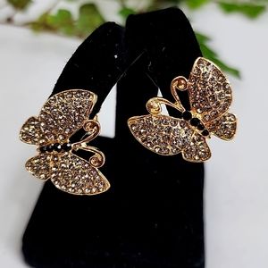 Clip On Gold with Crystal Rhinestones Butterfly Earrings